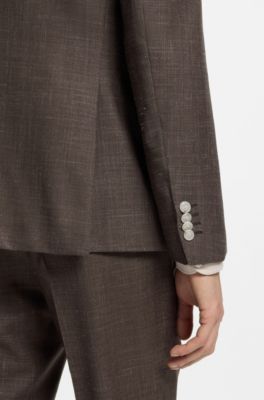 BOSS ONE Slim fit-kavaj i ull, silke och linne, M&ouml;rkbrun