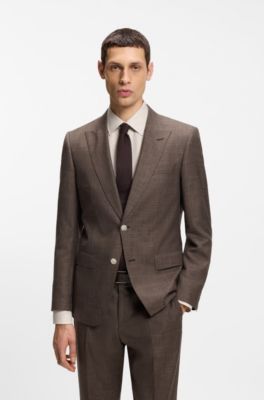 BOSS ONE Slim-fit suit jacket in wool, silk and linen, Dark Brown