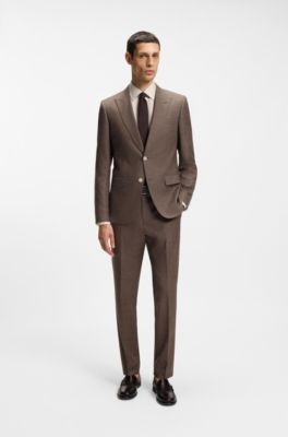 BOSS ONE Slim-fit pantalon van wol, zijde en linnen, Donkerbruin