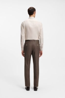 BOSS ONE Slim-fit pantalon van wol, zijde en linnen, Donkerbruin