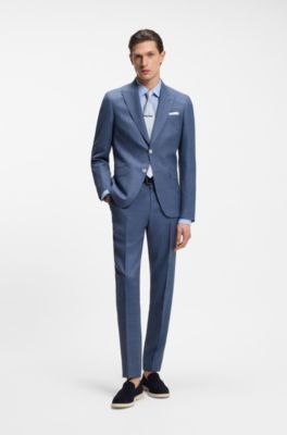 BOSS ONE Slim-fit suit trousers in wool, silk and linen, Blue