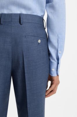 BOSS ONE Slim-fit suit trousers in wool, silk and linen, Blue