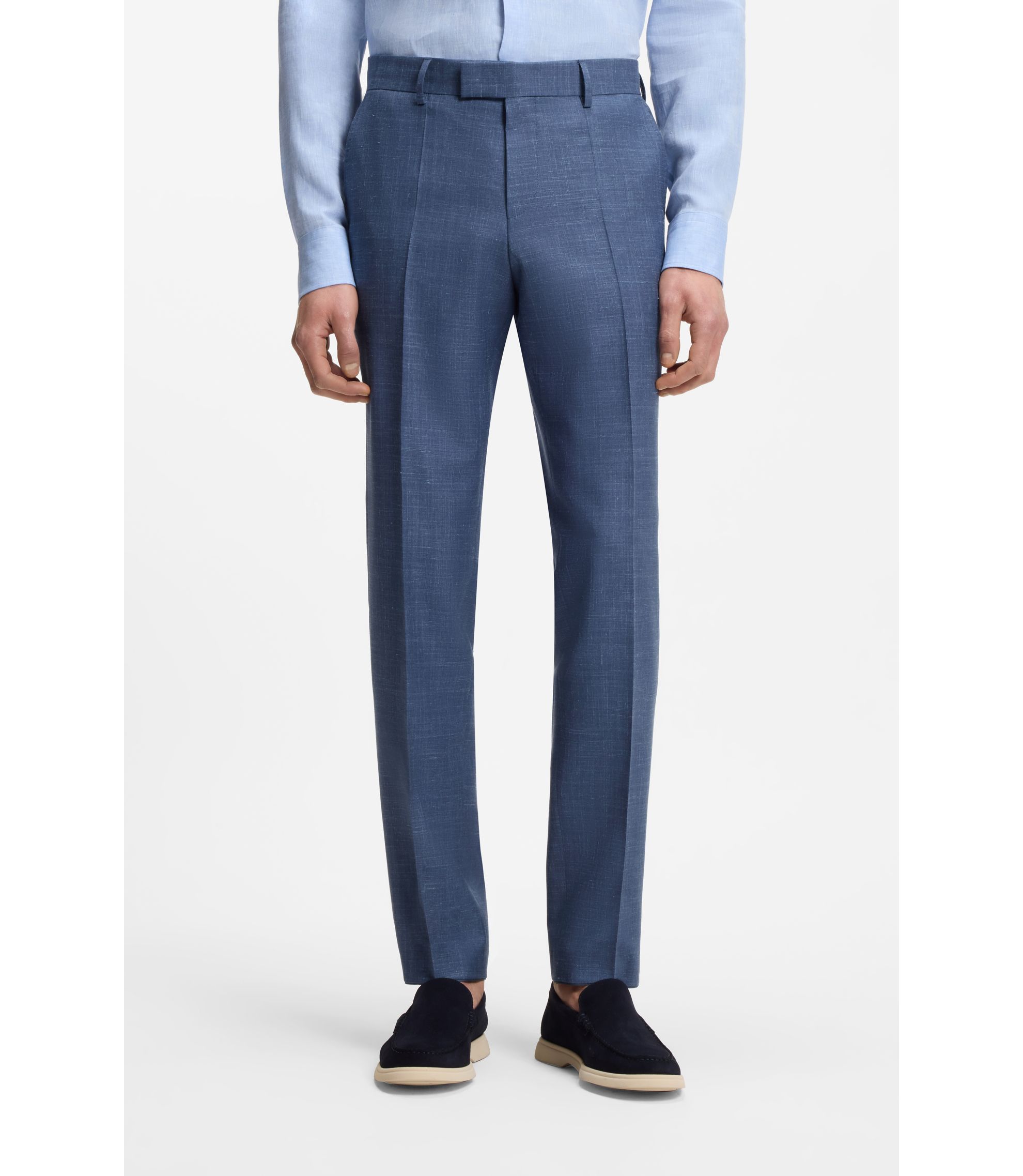 パンツ HUGO BOSS 90s Tuck Slacks Super100 Wool. BOSS - BOSS ONE Slim-fit suit trousers in wool, silk and linen - Blue
