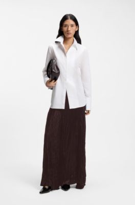 Asymmetric maxi skirt in satin with crinkle texture , Dark Brown