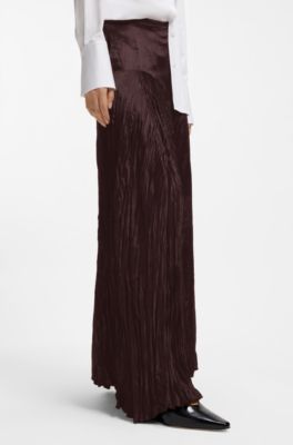 Asymmetric maxi skirt in satin with crinkle texture , Dark Brown