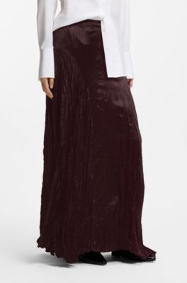Asymmetric maxi skirt in satin with crinkle texture , Dark Brown