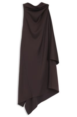 Asymmetric sleeveless dress in draped sable satin, Dark Brown