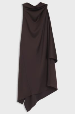 &Auml;rmelloses asymmetrisches Kleid aus drapiertem Sable-Satin, Dunkelbraun