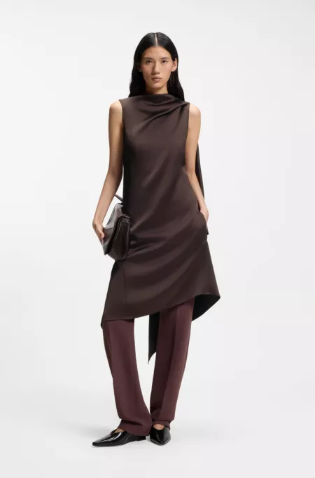 Asymmetric sleeveless dress in draped sable satin