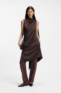 Asymmetric sleeveless dress in draped sable satin, Dark Brown