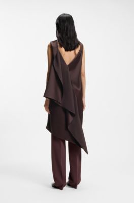 Asymmetric sleeveless dress in draped sable satin, Dark Brown