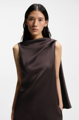 Vestito senza maniche asimmetrico in raso sabl&eacute; drappeggiato, Marrone scuro