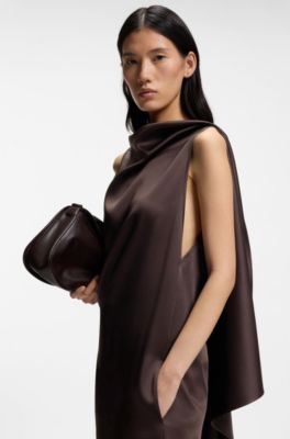 Asymmetric sleeveless dress in draped sable satin, Dark Brown