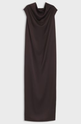 Sleeveless maxi dress in sable satin, Dark Brown