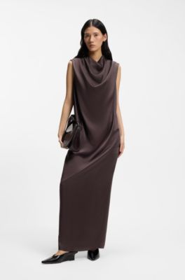 Sleeveless maxi dress in sable satin, Dark Brown
