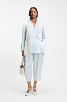 Lightweight wool scarf with fringed trims, Light Blue