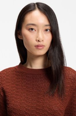 Cotton sweater with micro-lace structure, Brown