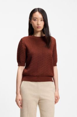 Cotton sweater with micro-lace structure, Brown