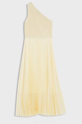 Rib-knit one-shoulder dress with pliss&eacute; skirt, Light Beige