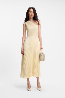Rib-knit one-shoulder dress with pliss&eacute; skirt, Light Yellow