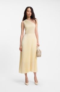 Rib-knit one-shoulder dress with pliss&eacute; skirt, Light Yellow