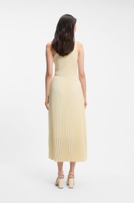 Rib-knit one-shoulder dress with pliss&eacute; skirt, Light Beige