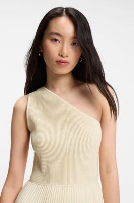 Rib-knit one-shoulder dress with pliss&eacute; skirt, Light Beige