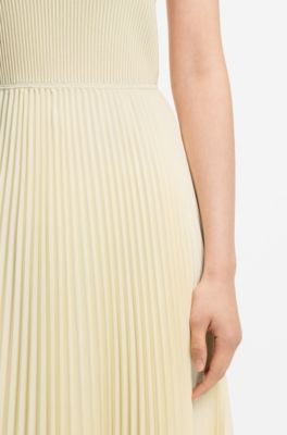 Kleid aus Rippstrick mit One-Shoulder-Design und Plissee-Rock, Hellgelb