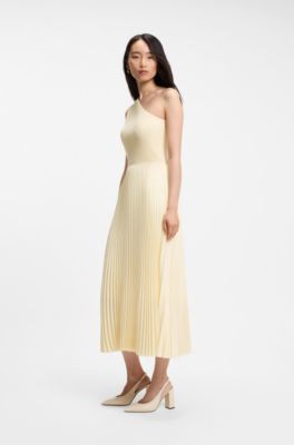 Rib-knit one-shoulder dress with pliss&eacute; skirt, Light Beige