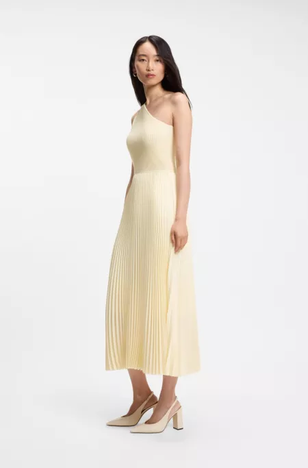 Rib-knit one-shoulder dress with plissé skirt