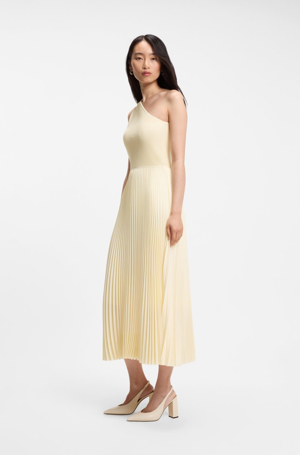 Rib-knit one-shoulder dress with plissé skirt