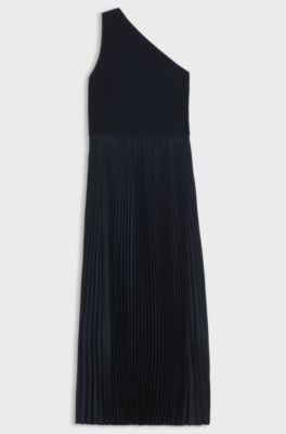 Vestito monospalla in maglia a coste con gonna pliss&eacute;, Blu scuro