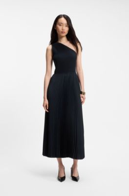 Ribgebreide jurk met &eacute;&eacute;n schouder en pliss&eacute;rok, Donkerblauw