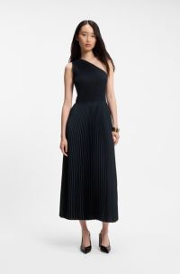 Vestito monospalla in maglia a coste con gonna pliss&eacute;, Blu scuro