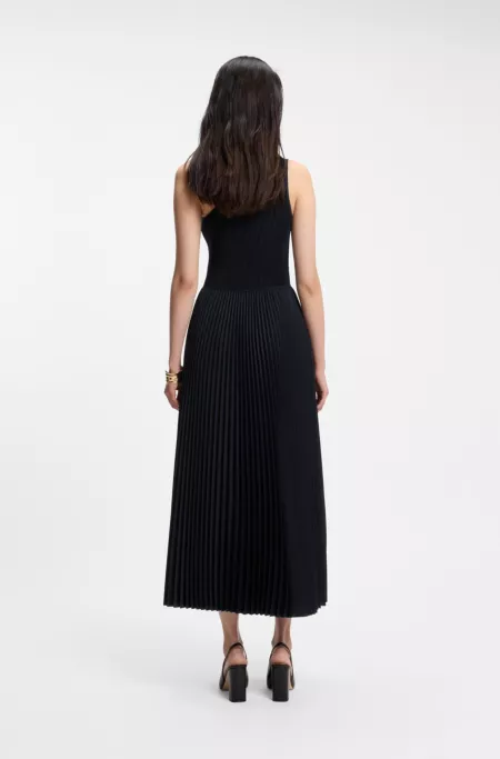 Rib-knit one-shoulder dress with plissé skirt