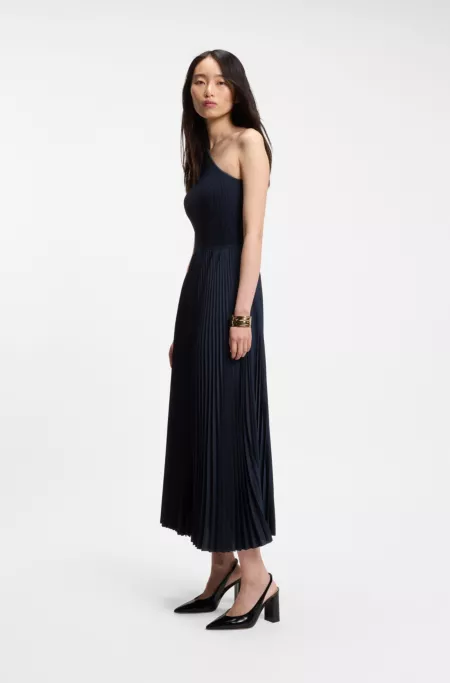 Rib-knit one-shoulder dress with plissé skirt