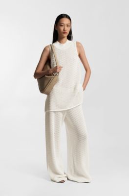 Cotton trousers with micro-lace structure, Natural