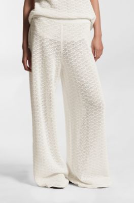 Pantalones de algod&oacute;n con estructura de microencaje, Natural