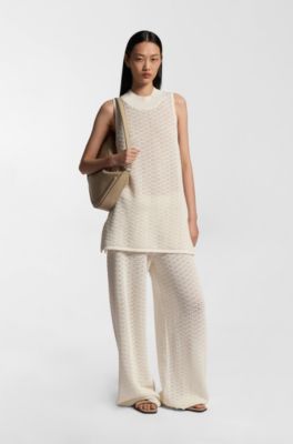 Knitted cotton top with micro-lace structure, Natural