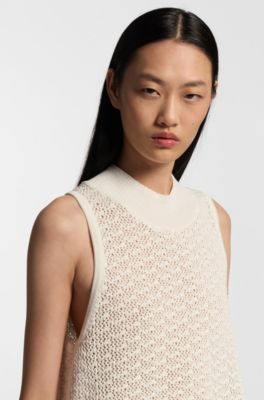 Knitted cotton top with micro-lace structure, Natural