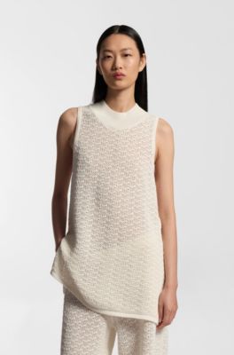 Knitted cotton top with micro-lace structure, Natural