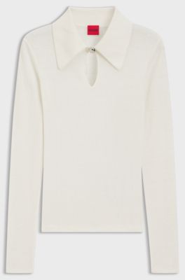 Polo sweater in a wool blend with cashmere, Natural