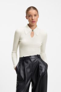 Polo sweater in a wool blend with cashmere, White