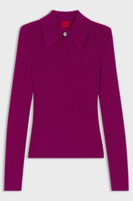 Polo sweater in a wool blend with cashmere, Dark pink