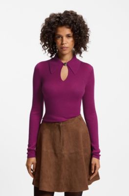 Polo sweater in a wool blend with cashmere, Dark pink