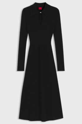 Slim-fit midi dress with keyhole polo collar, Black
