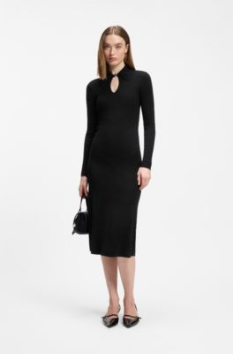 Vestito midi slim fit con colletto polo e scollo a goccia, Nero