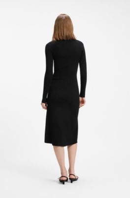 Slim-fit midi dress with keyhole polo collar, Black