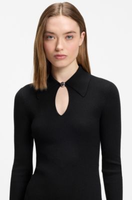 Slim-fit midi dress with keyhole polo collar, Black