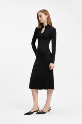 Vestito midi slim fit con colletto polo e scollo a goccia, Nero